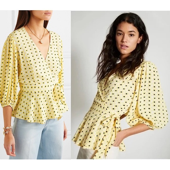 GANNI Daisy Print Crepe Puff Sleeve V-Neck Tie Waist Ruffle Peplum Wrap Top S - Picture 3 of 10